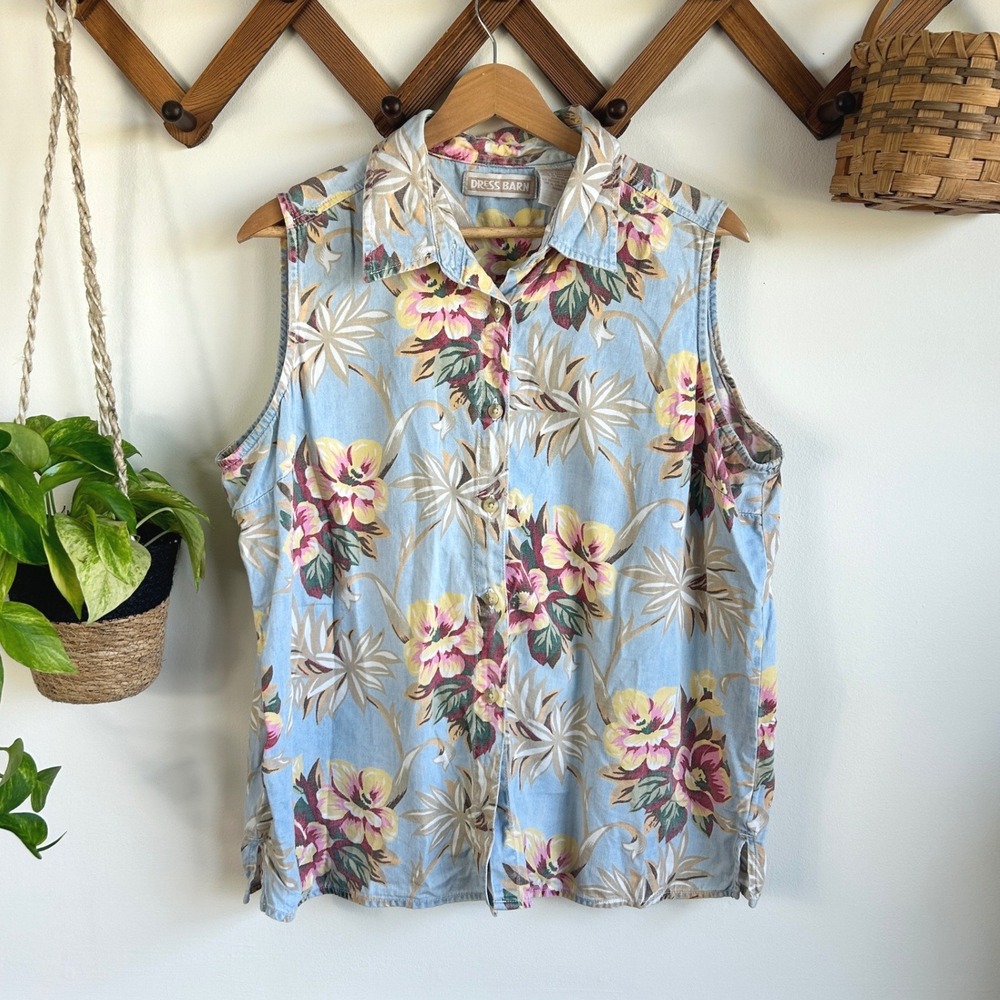 Dress Barn Vintage XL Sleeveless Denim Shirt Floral Button Cotton Cottagecore